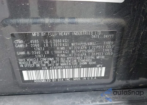 2011 Subaru Outback 2.5I Limited from USA, damaged, VIN 4S4BRBKC8B3414514